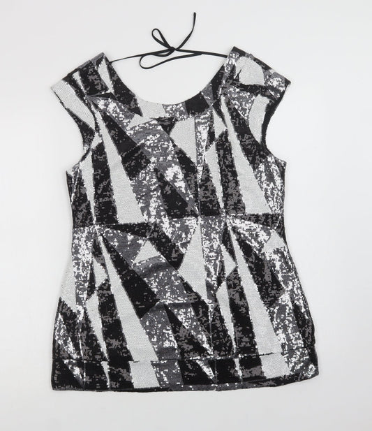 Julien Macdonald Womens Black Geometric Polyamide Basic Blouse Size 14 Round Neck