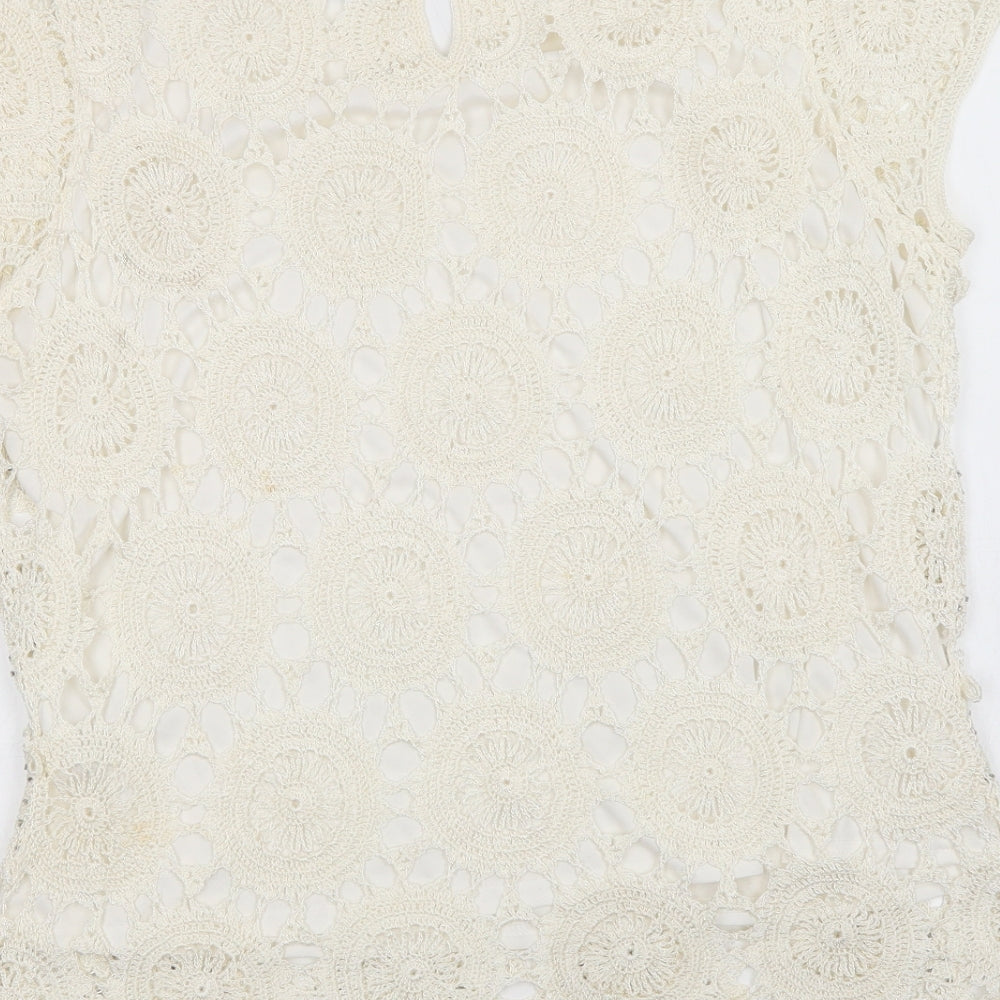 Wallis Womens Ivory  Viscose Basic Blouse Size L Round Neck - Lace Overlay