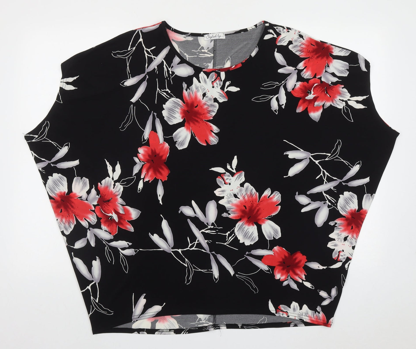Styled By Womens Black Floral Polyacrylate Fibre Basic T-Shirt Size L Crew Neck