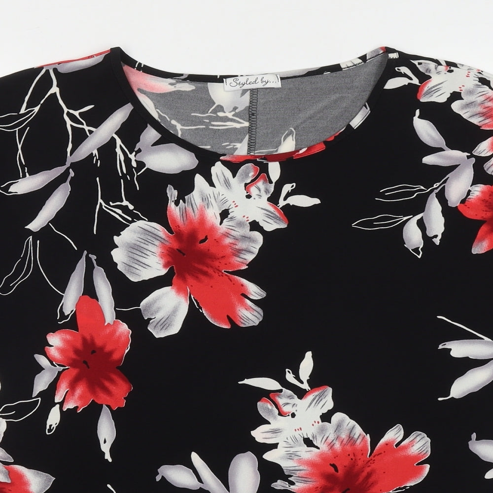 Styled By Womens Black Floral Polyacrylate Fibre Basic T-Shirt Size L Crew Neck