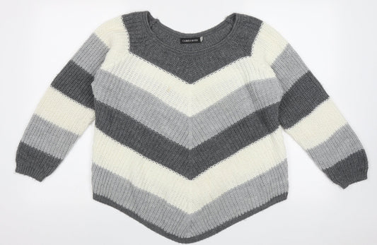 Cameo Womens Grey Crew Neck Striped Acrylic Pullover Jumper Size L