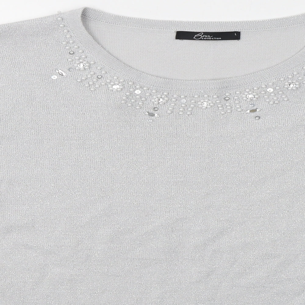 BHS Womens Grey  Acrylic Basic Blouse Size L Round Neck - Beaded detail