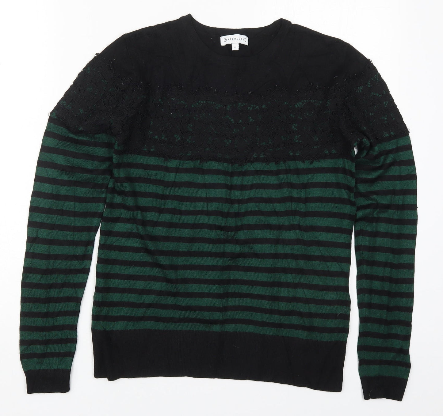 Warehouse Womens Green Round Neck Striped Viscose Pullover Jumper Size 10