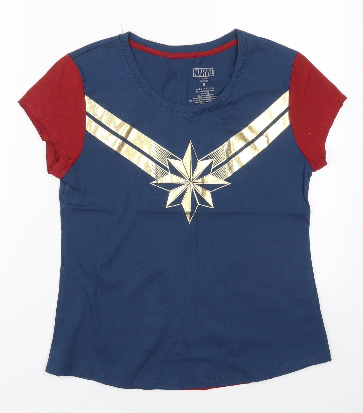Preworn Womens Blue Colourblock Cotton Basic T-Shirt Size S Round Neck - Marvel Superhero Top