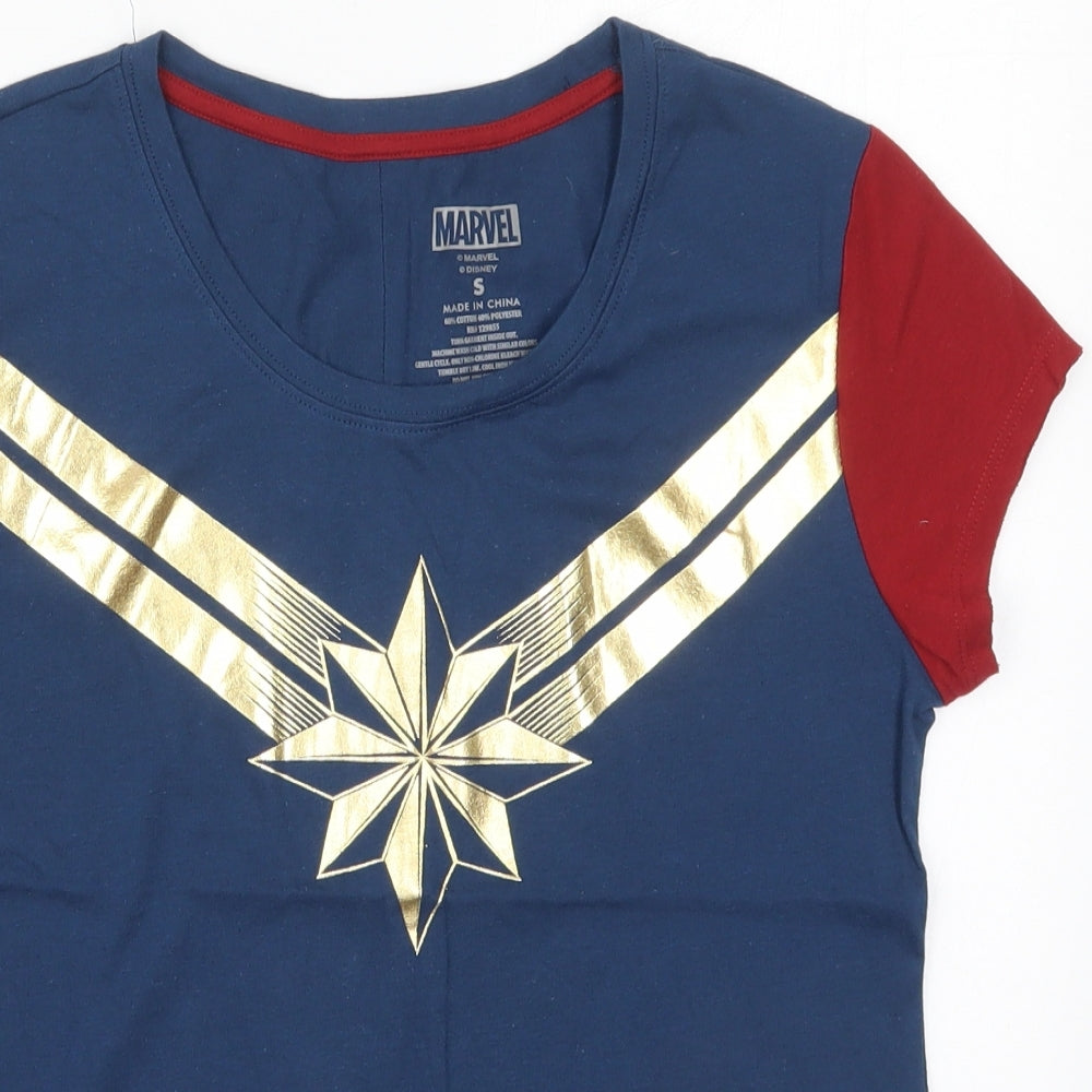 Preworn Womens Blue Colourblock Cotton Basic T-Shirt Size S Round Neck - Marvel Superhero Top