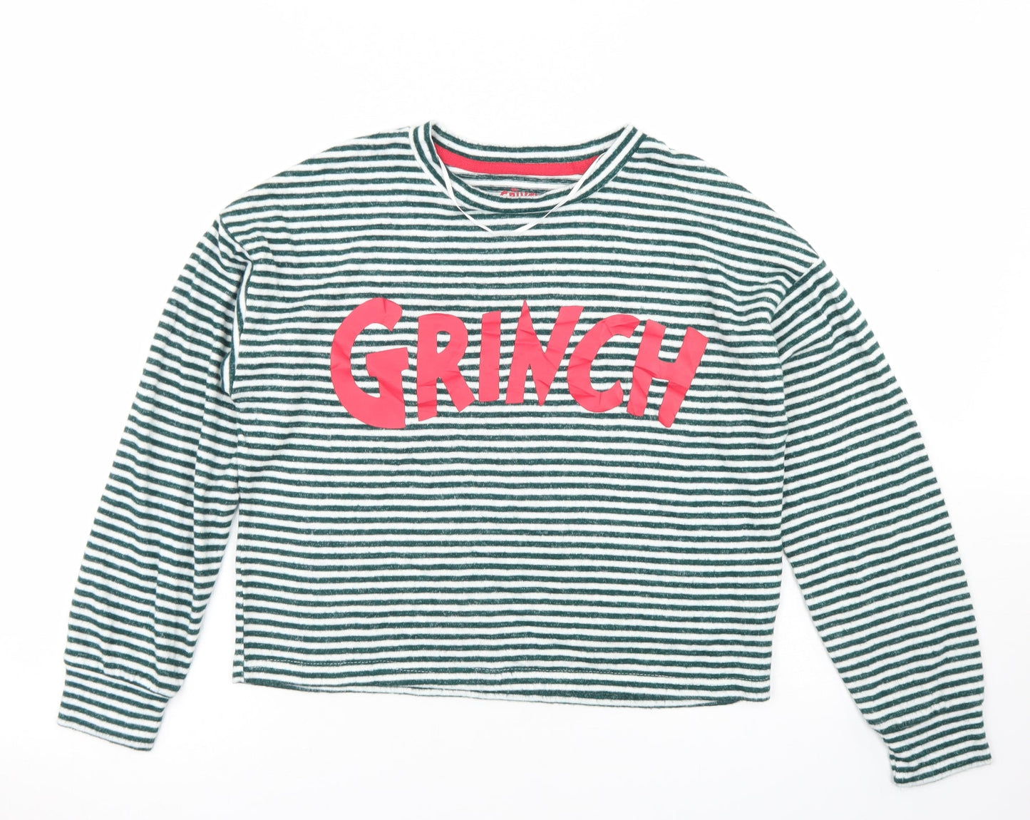 Primark Womens Green Striped Viscose Cropped T-Shirt Size XS Crew Neck - The Grinch