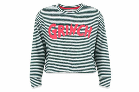 Primark Womens Green Striped Viscose Cropped T-Shirt Size XS Crew Neck - The Grinch