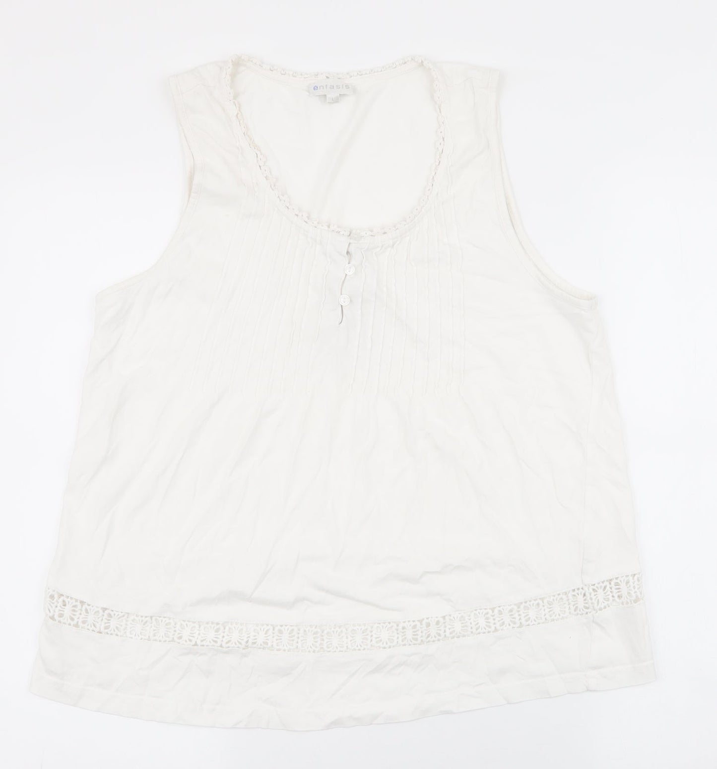 enfasis Womens White Striped Polyester Basic Tank Size L Round Neck
