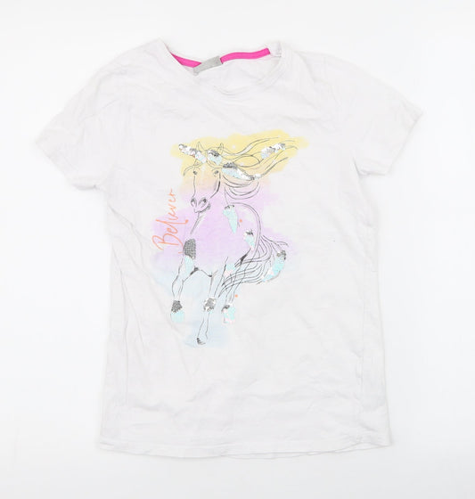 Matalan Girls White Animal Print 100% Cotton Jersey T-Shirt Size 12 Years Round Neck Pullover - unicorn