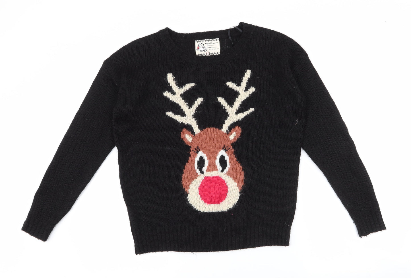 New Look Womens Black Round Neck  Acrylic Pullover Jumper Size 8   - raindeer
