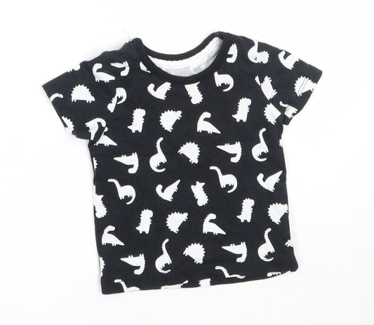 George Boys Black  Cotton Basic T-Shirt Size 0-3 Months Round Neck  - dinosaur