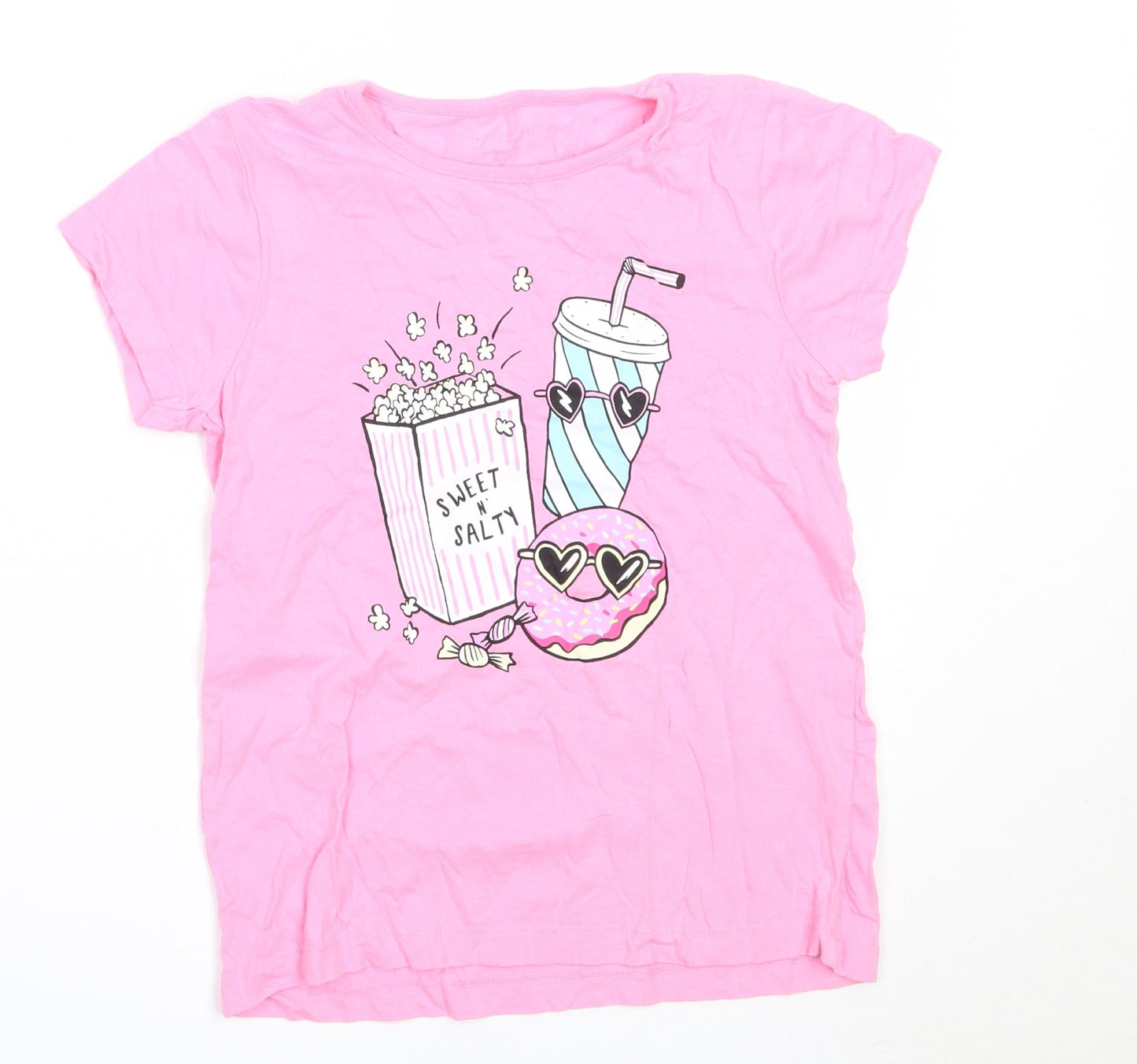 Primark Girls Pink  Cotton Basic T-Shirt Size 9-10 Years Round Neck  - popcorn