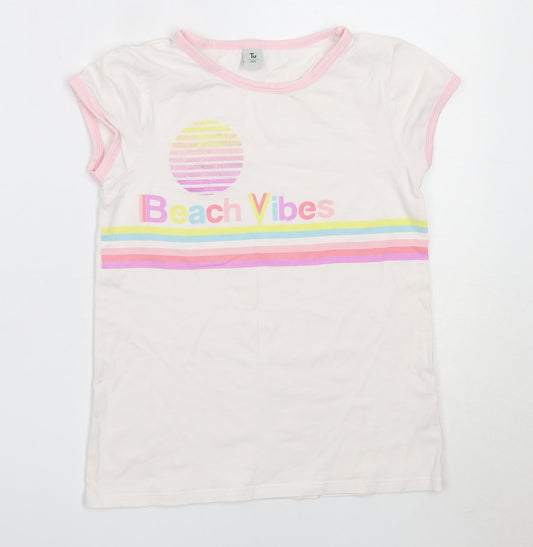 TU Girls White  Cotton Basic T-Shirt Size 9 Years Round Neck  - beach