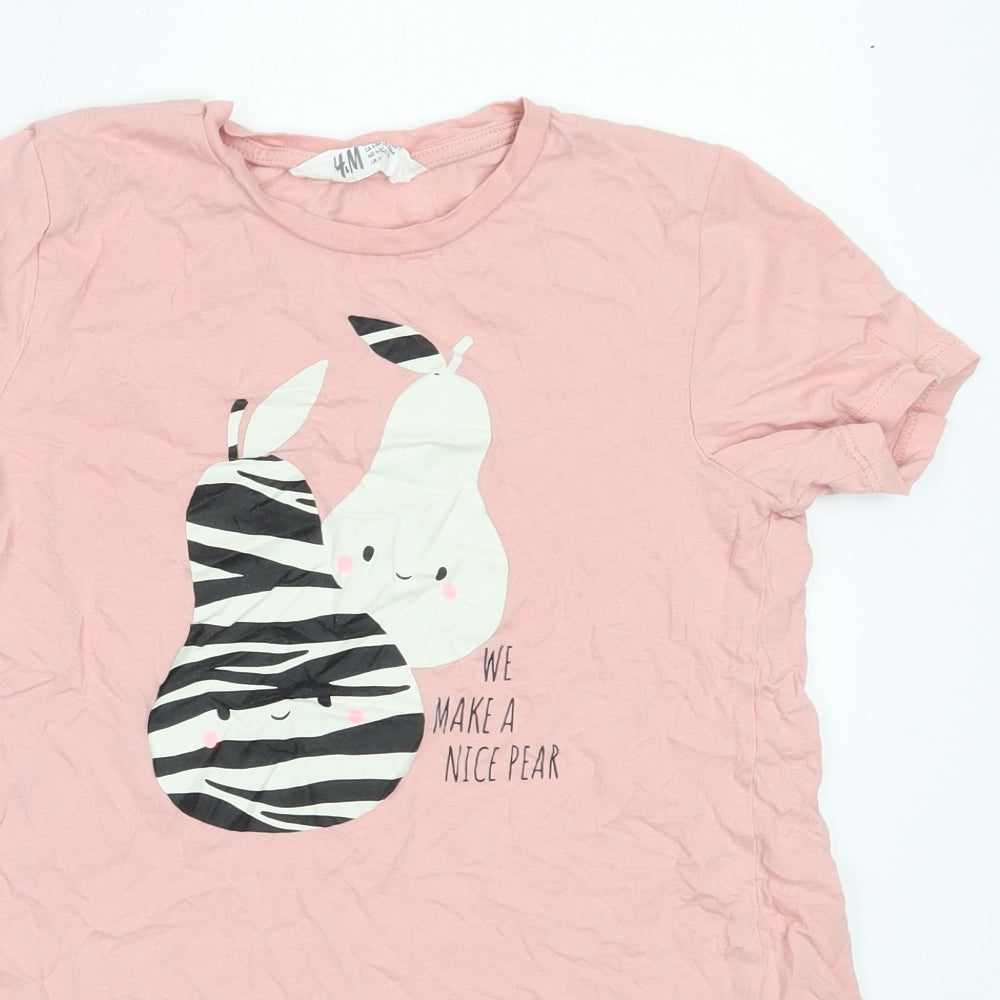 H&M Girls Pink  Cotton Basic T-Shirt Size 7-8 Years Round Neck  - pear