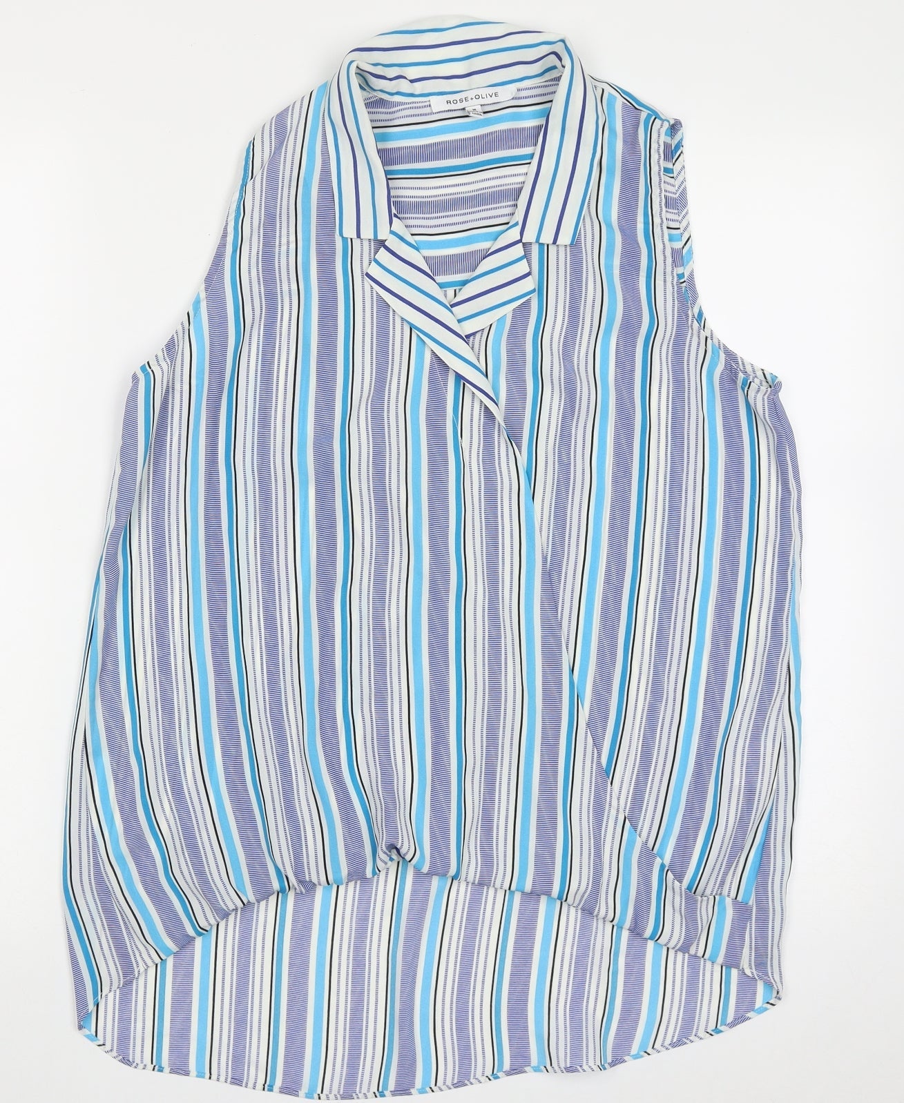 Rose + Olive Womens Blue Striped Polyester Basic Blouse Size M V-Neck
