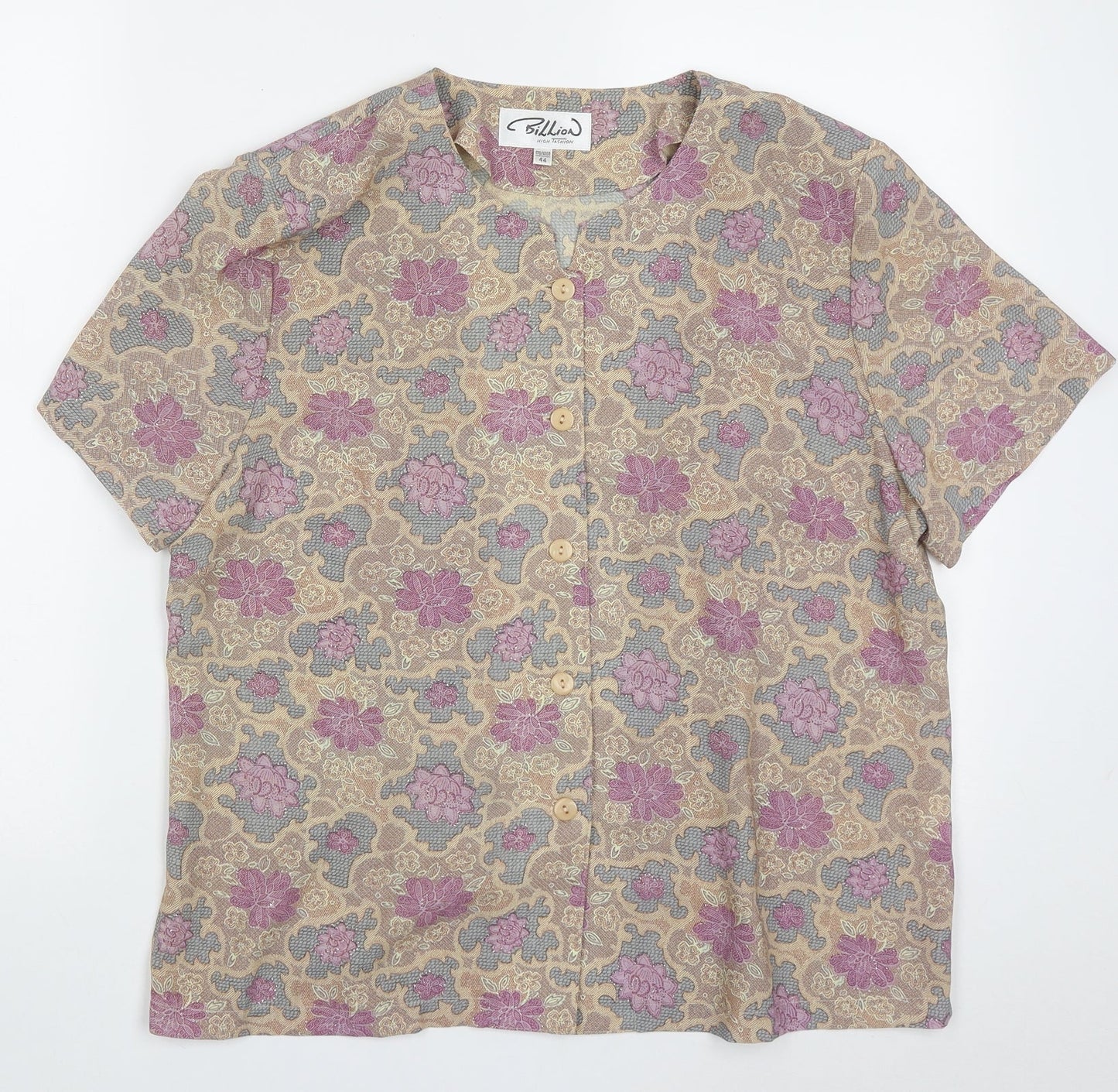 billian Womens Purple Floral Polyester Basic Button-Up Size 16 Crew Neck