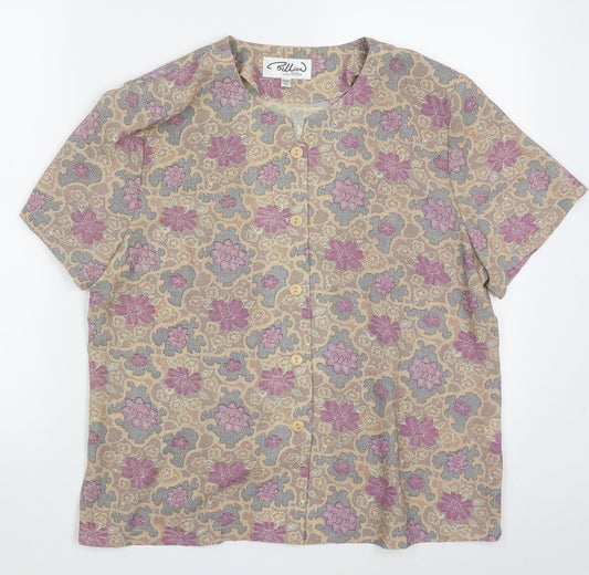 billian Womens Purple Floral Polyester Basic Button-Up Size 16 Crew Neck