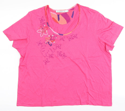 Emreco Womens Pink  Cotton Basic T-Shirt Size 18 Round Neck - Flowers