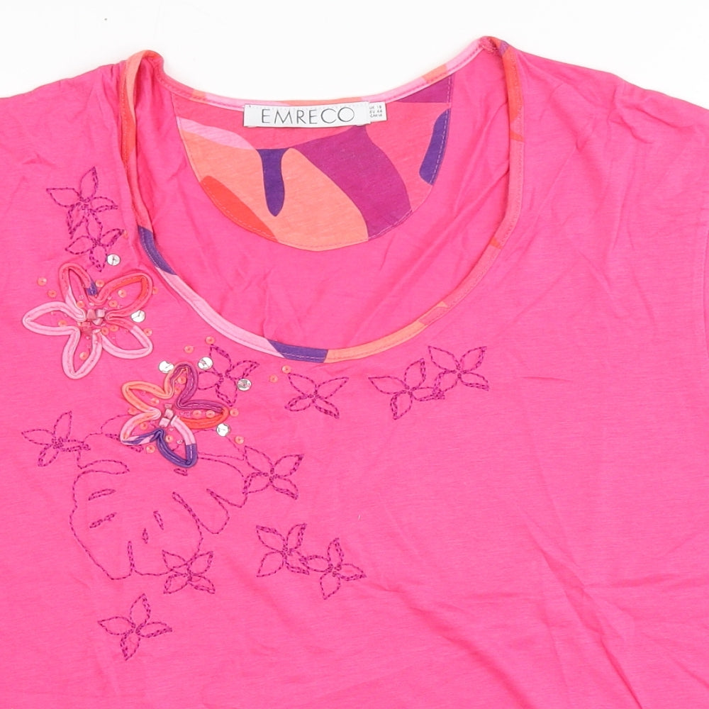Emreco Womens Pink  Cotton Basic T-Shirt Size 18 Round Neck - Flowers