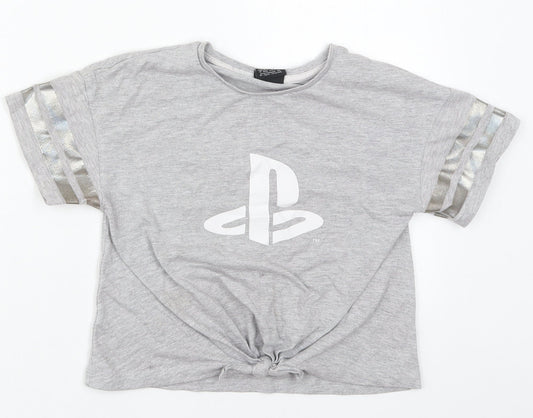 George Girls Grey  Cotton Basic T-Shirt Size 9-10 Years Crew Neck Pullover - Playstation