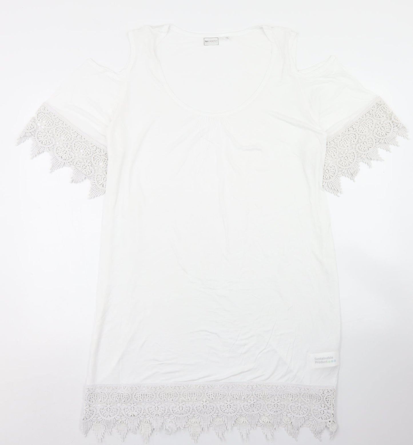 bpc Womens White  Viscose Tunic T-Shirt Size M Crew Neck - Lace Sleeve and Hem Detail, Cold Shoulder