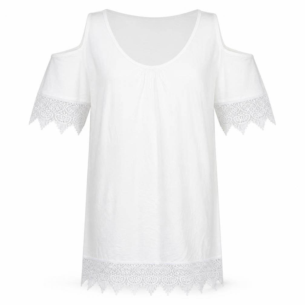 Bonprix Womens White Viscose Tunic T-Shirt Size M Crew Neck - Lace Sleeve and Hem Detail, Cold Shoulder