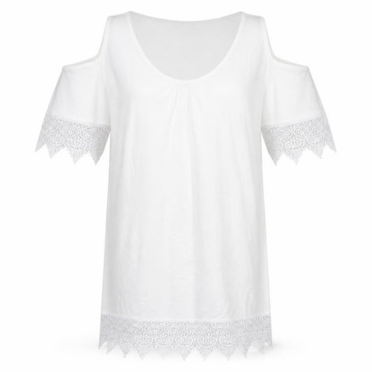 Bonprix Womens White Viscose Tunic T-Shirt Size M Crew Neck - Lace Sleeve and Hem Detail, Cold Shoulder