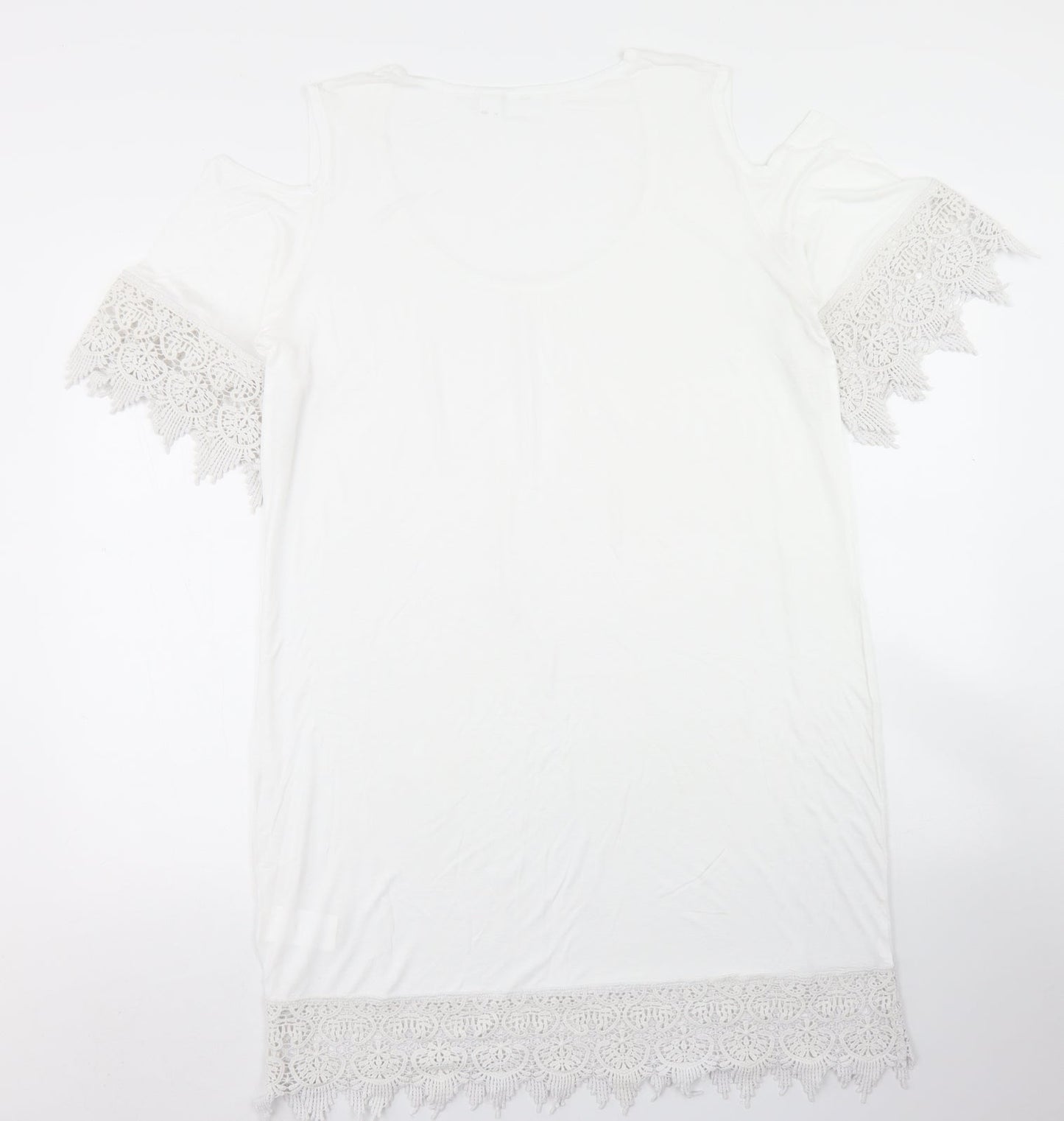 bpc Womens White  Viscose Tunic T-Shirt Size M Crew Neck - Lace Sleeve and Hem Detail, Cold Shoulder