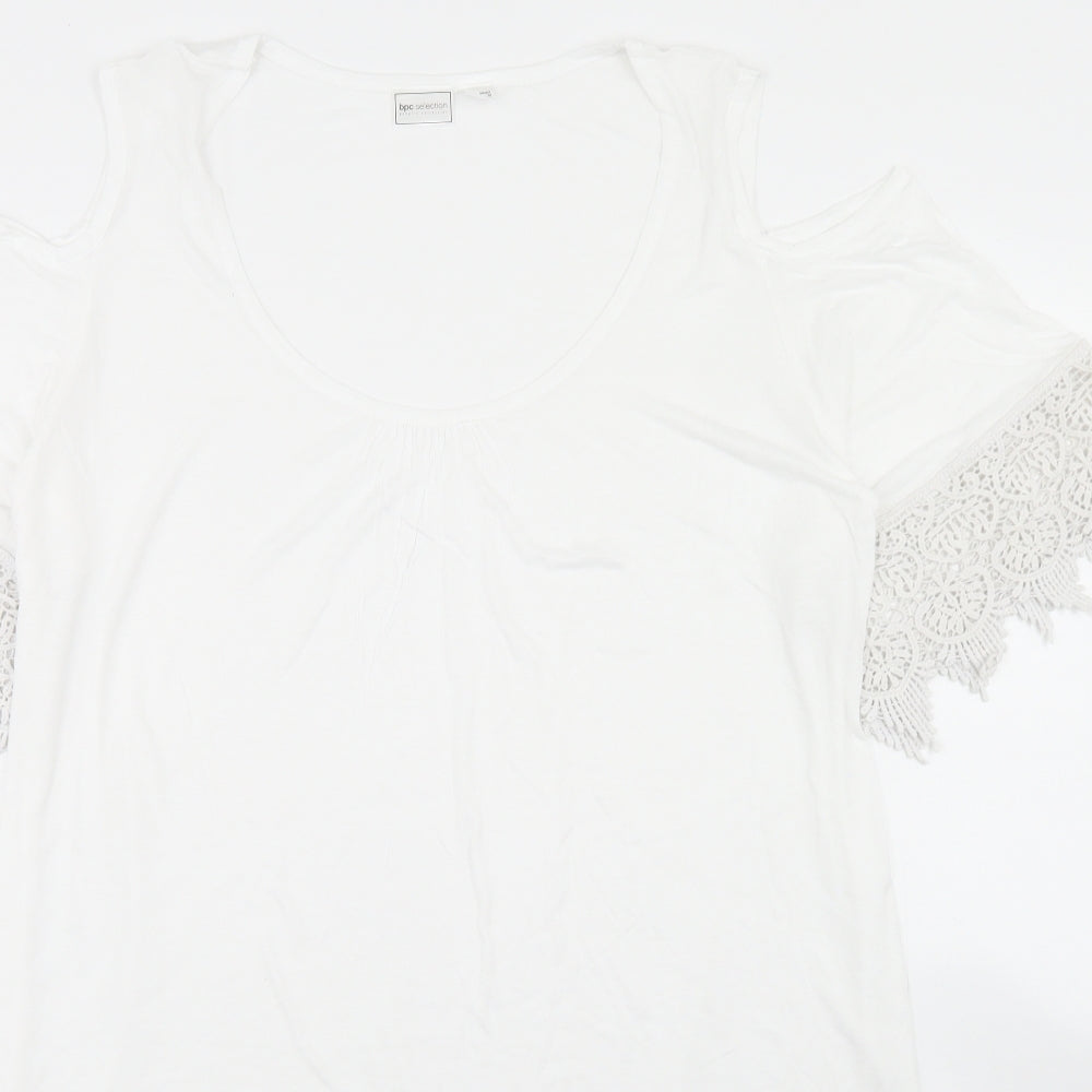 bpc Womens White  Viscose Tunic T-Shirt Size M Crew Neck - Lace Sleeve and Hem Detail, Cold Shoulder