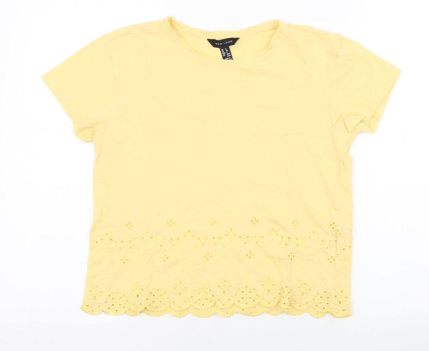 New Look Womens Yellow Floral Cotton Jersey T-Shirt Size 8 Round Neck