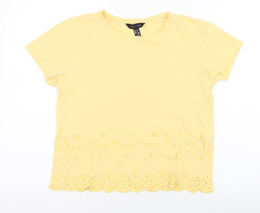 New Look Womens Yellow Floral Cotton Jersey T-Shirt Size 8 Round Neck