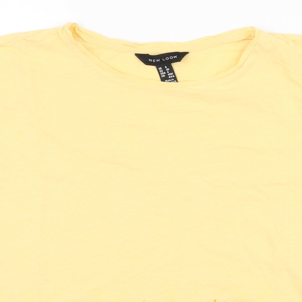New Look Womens Yellow Floral Cotton Jersey T-Shirt Size 8 Round Neck
