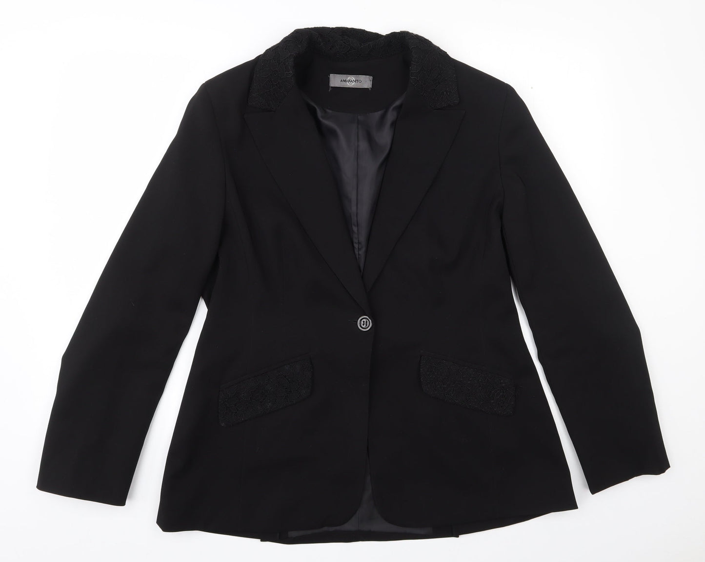 AMARANTO Womens Black  Polyester Jacket Suit Jacket Size 14   - Lace collar and pocket flaps