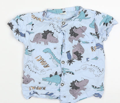 SHEIN Boys Blue Geometric Cotton Basic Button-Up Size 12-18 Months Crew Neck Button - Roar