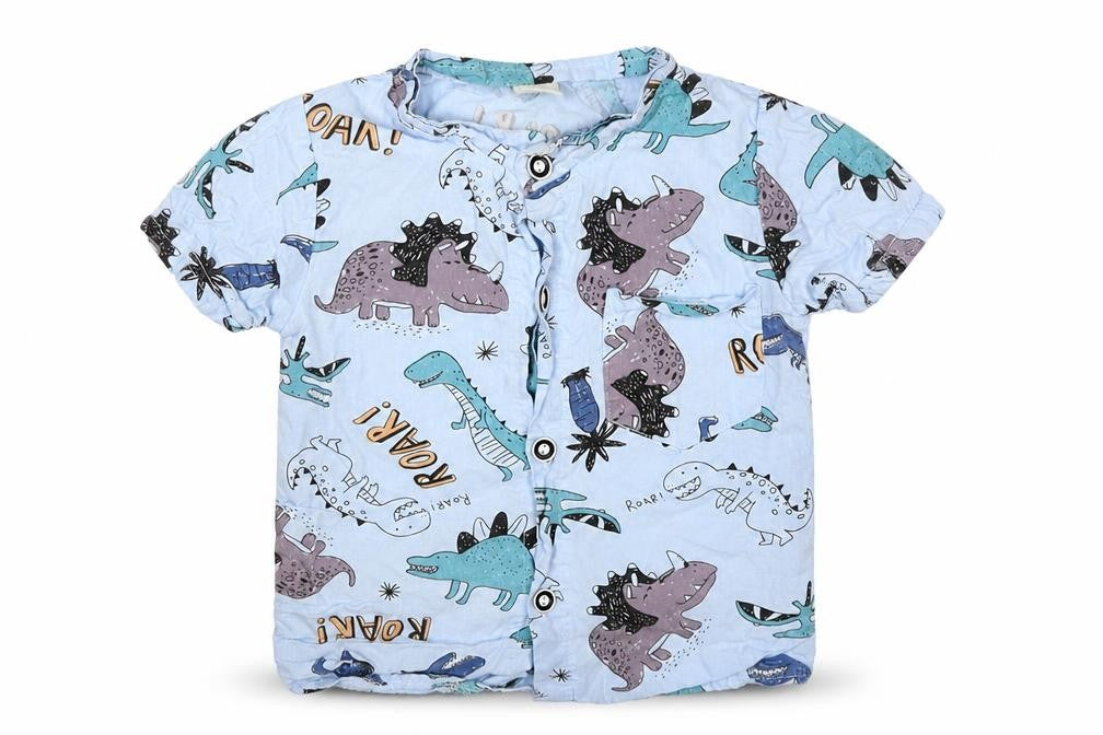 SheIn Boys Blue Geometric Cotton Basic Button-Up Size 12-18 Months Crew Neck Button - Roar