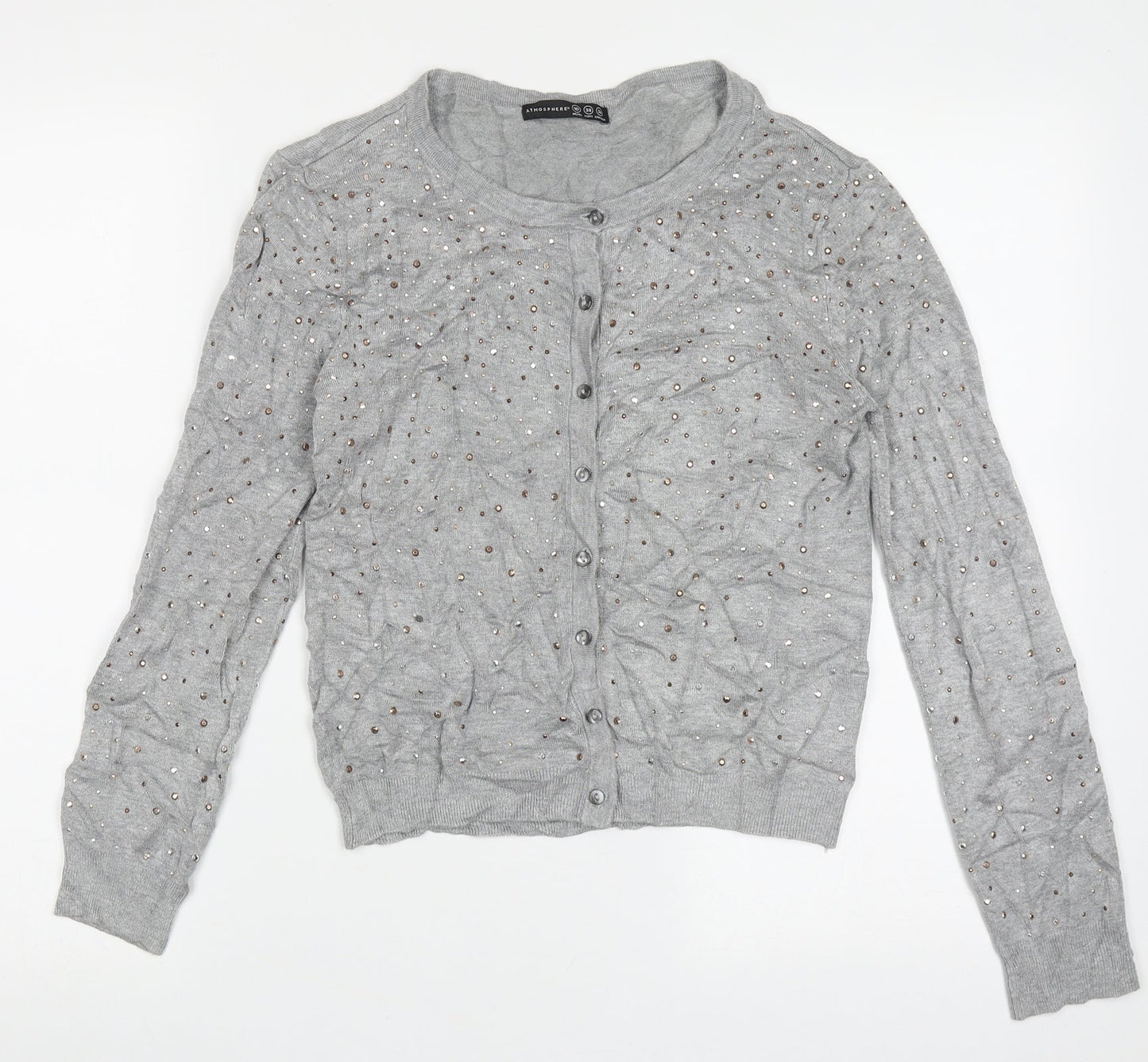 Atmosphere Womens Grey Crew Neck  Viscose Cardigan Jumper Size 10   - bead detail