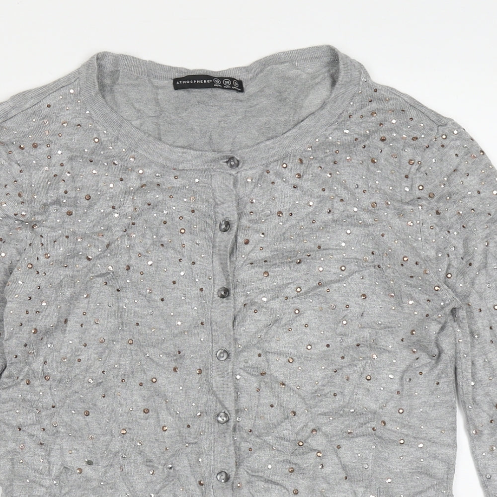Atmosphere Womens Grey Crew Neck  Viscose Cardigan Jumper Size 10   - bead detail