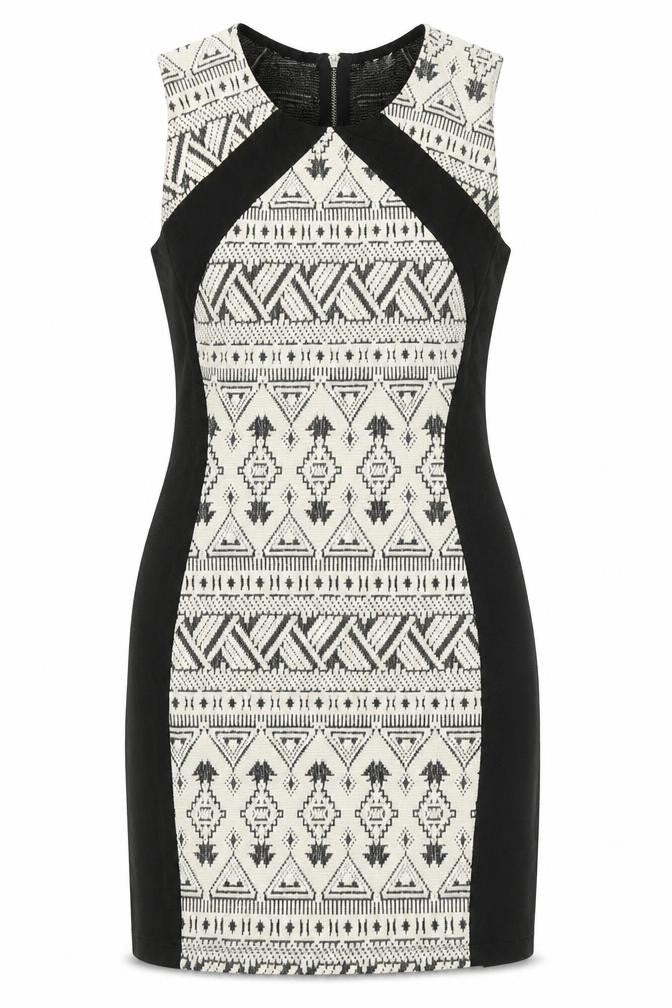 H&M Womens White Geometric Cotton Bodycon  Size 12  Crew Neck Zip