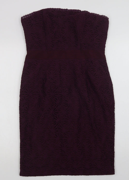 Fever London Womens Purple  Nylon Pencil Dress  Size 14  Off the Shoulder Zip - Lace Overlay