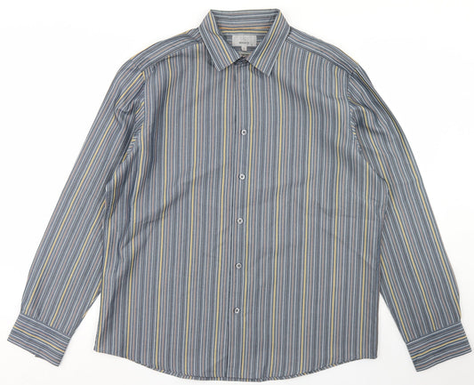 Marks and Spencer Mens Blue Striped Polyester  Button-Up Size L Collared Button