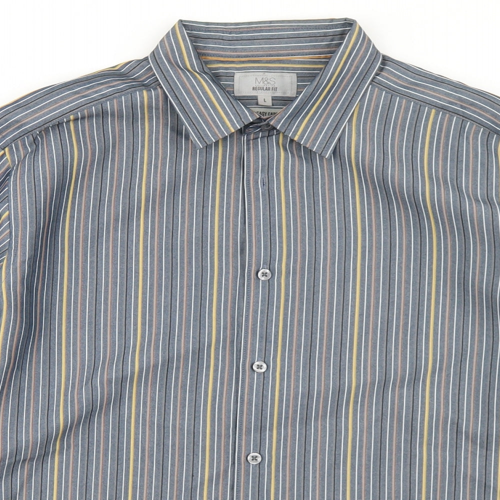 Marks and Spencer Mens Blue Striped Polyester  Button-Up Size L Collared Button