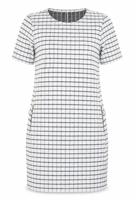 Papaya Womens White Check Polyester Pencil Dress  Size 10  Crew Neck