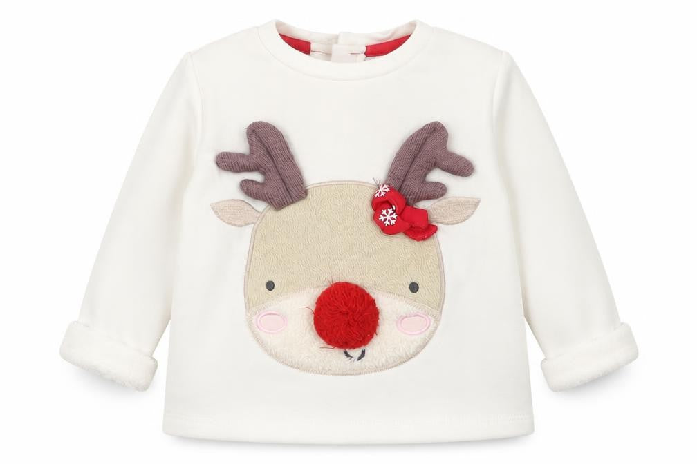 F&F Girls White  Polyester Basic T-Shirt Size 3-6 Months Crew Neck Button - Christmas Reindeer