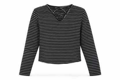 915 Generation Girls Black Striped Cotton Cropped T-Shirt Size 12-13 Years V-Neck