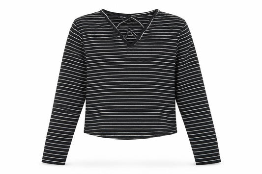 915 Generation Girls Black Striped Cotton Cropped T-Shirt Size 12-13 Years V-Neck