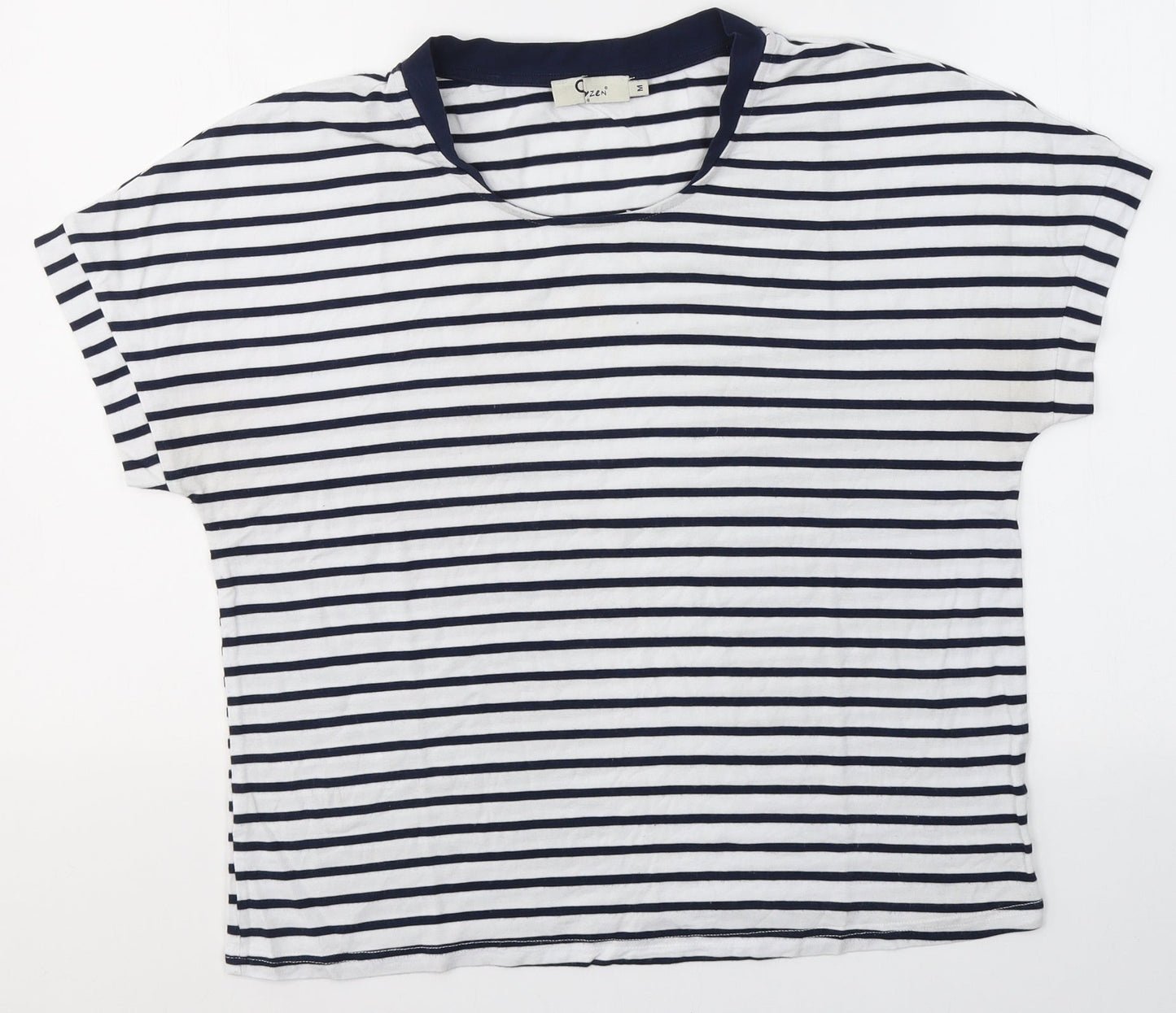 Oxxyzen Womens White Striped Polyester Basic T-Shirt Size M Round Neck