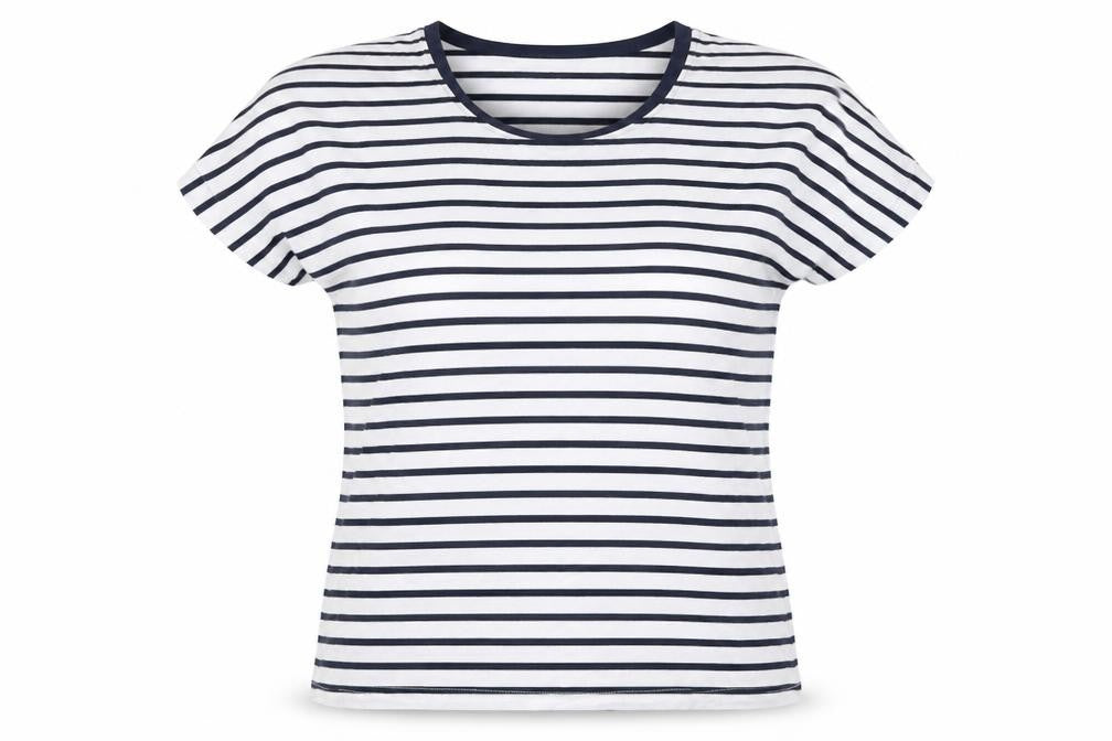Oxxyzen Womens White Striped Polyester Basic T-Shirt Size M Round Neck