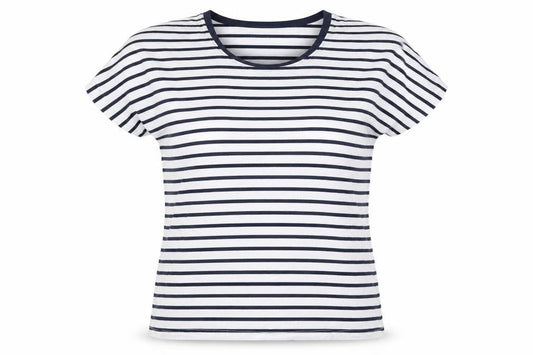 Oxxyzen Womens White Striped Polyester Basic T-Shirt Size M Round Neck