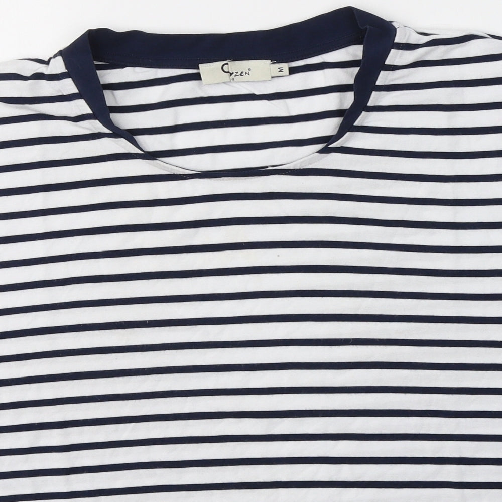Oxxyzen Womens White Striped Polyester Basic T-Shirt Size M Round Neck