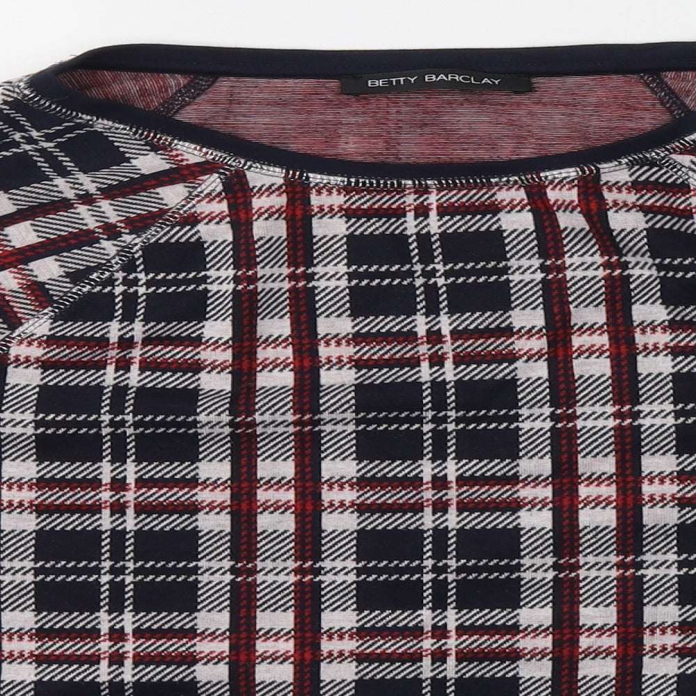 Betty Barclay Womens Blue Plaid Cotton Basic Blouse Size 12 Round Neck
